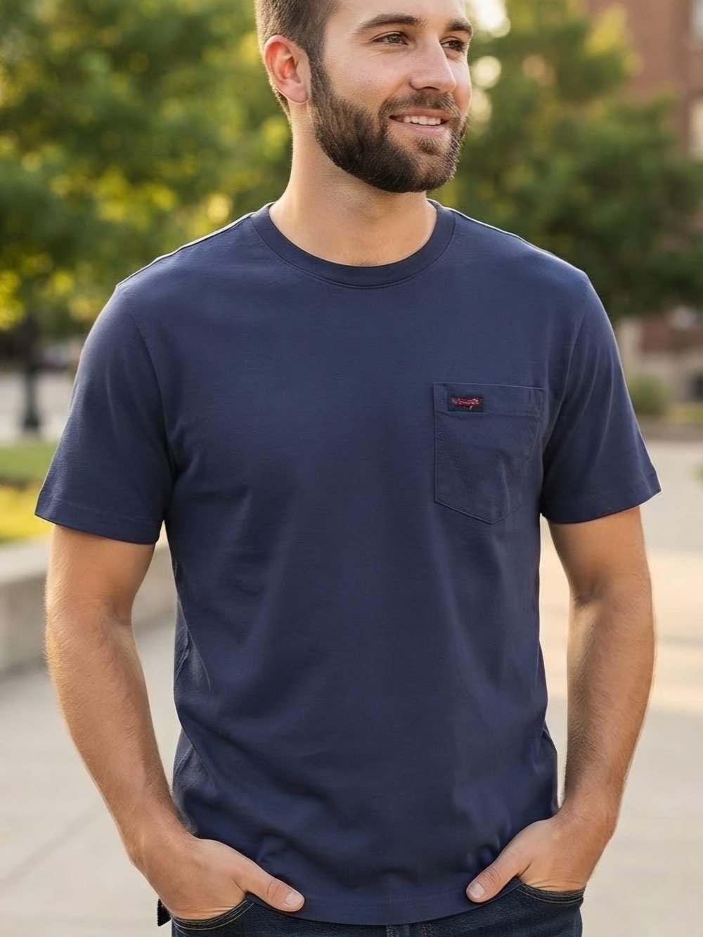 Wrangler Men’s Blue Solid Crew Neck Short Sleeve Cotton Pocket Thirt Size S NWT